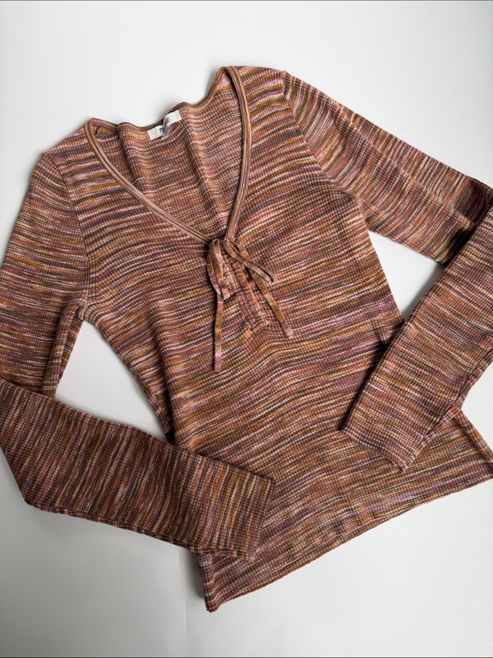 Madewell Striped Tie-Neck Ribbed Long Sleeve Top - Rust, Pink, Cream